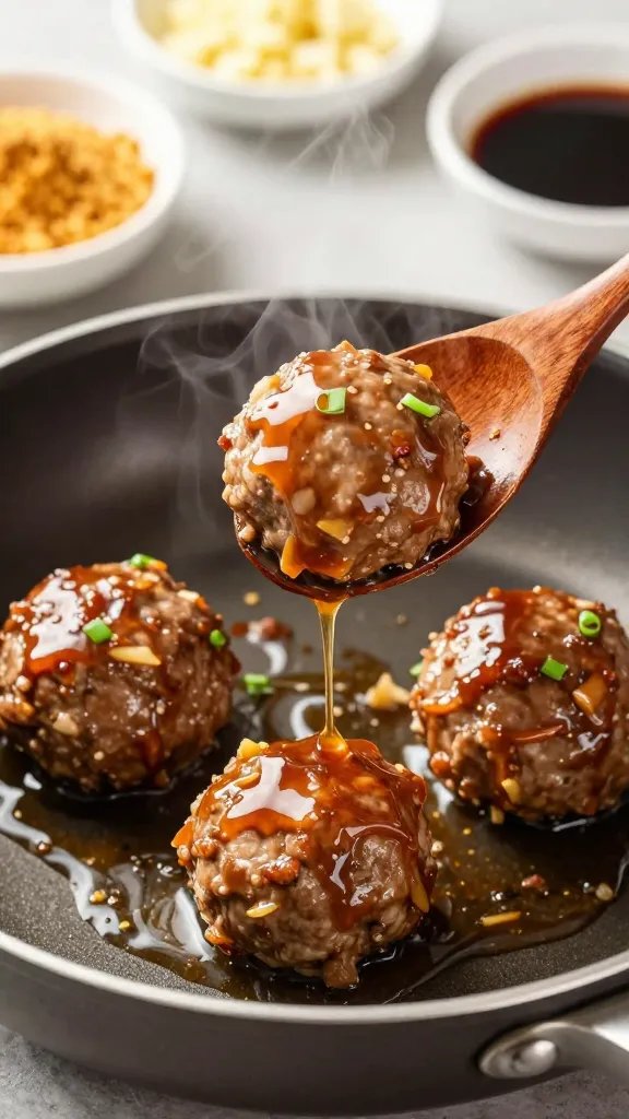 Close-up, three-quarter angle of turkey meatballs sizzling in a nonstick skillet, just after glazing: the meatballs are browned with visible ginger and scallion flecks, being tossed in a thick, glossy teriyaki sauce that clings and drips slowly. A wooden spoon lifts a few meatballs, steam rising. In the blurred background, small bowls of panko, minced garlic, grated ginger, and soy sauce sit on a light stone surface. Bright, appetizing lighting.