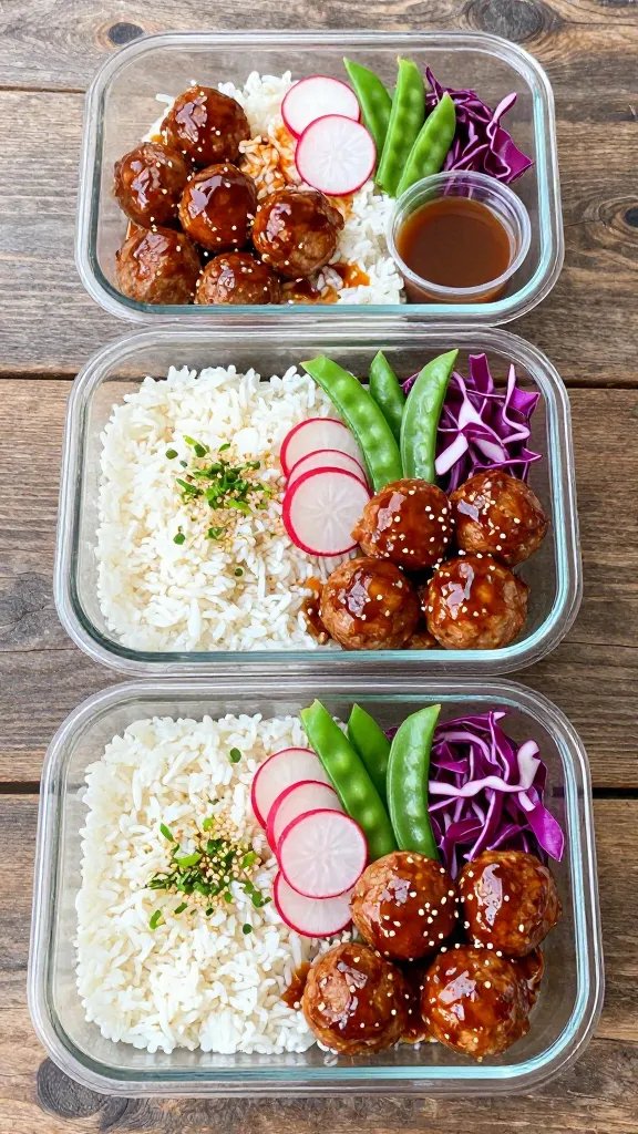 Meal-prep scene with two assembled teriyaki turkey meatball bowls and one open glass container for leftovers: one bowl over jasmine rice, one over cauliflower rice. Each has 4–5 shiny teriyaki meatballs, neat rows of crunchy veggies (radish slices, snap peas, red cabbage ribbons), and sesame-scallion sprinkle. The glass container shows cold leftovers—glossy meatballs and rice separated, a small cup of extra sauce on the side. Overhead composition, rustic wood table, fresh and colorful, no text.