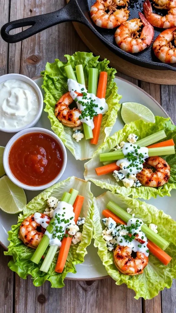 Overhead shot of a rustic wooden table set with a platter of Buffalo shrimp lettuce wraps: butter lettuce cups filled with seared, chili-red Buffalo shrimp, thinly sliced crunchy celery and carrots, a drizzle of creamy ranch, a sprinkle of chopped chives, and crumbled blue cheese on some wraps; small bowls of Buffalo sauce and ranch on the side, lime wedges scattered, a cast-iron skillet with glistening shrimp in the background, soft natural daylight, no text, appetizing, high-contrast food photography.