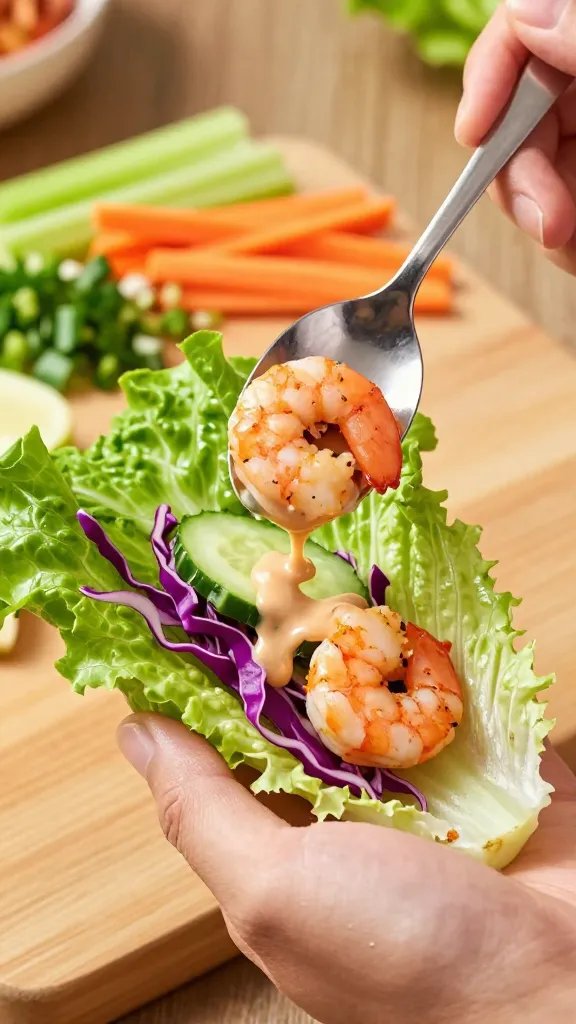 Close-up, action-style image of a hand assembling a lettuce wrap: a glossy green butter lettuce leaf cupped in the palm, a spoonful of steaming Buffalo-coated shrimp being added, ribbons of purple cabbage, diced cucumber, and a light drizzle of creamy sauce about to fall; shallow depth of field, background shows blurred cutting board with prepped toppings (sliced celery, carrot matchsticks, chopped herbs), warm kitchen lighting, vibrant colors, no text.