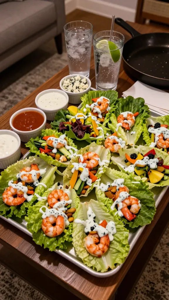 Game-day spread on a coffee table: a large tray of finished Buffalo shrimp lettuce wraps arranged tightly, each with saucy shrimp, cooling ranch or blue cheese drizzle, and crisp veggie toppings; small ramekins of extra Buffalo sauce, ranch, and crumbled blue cheese; cold sparkling water with lime, napkins, and a single skillet off to the side to suggest one-pan cooking; cozy evening indoor light, inviting, no text.