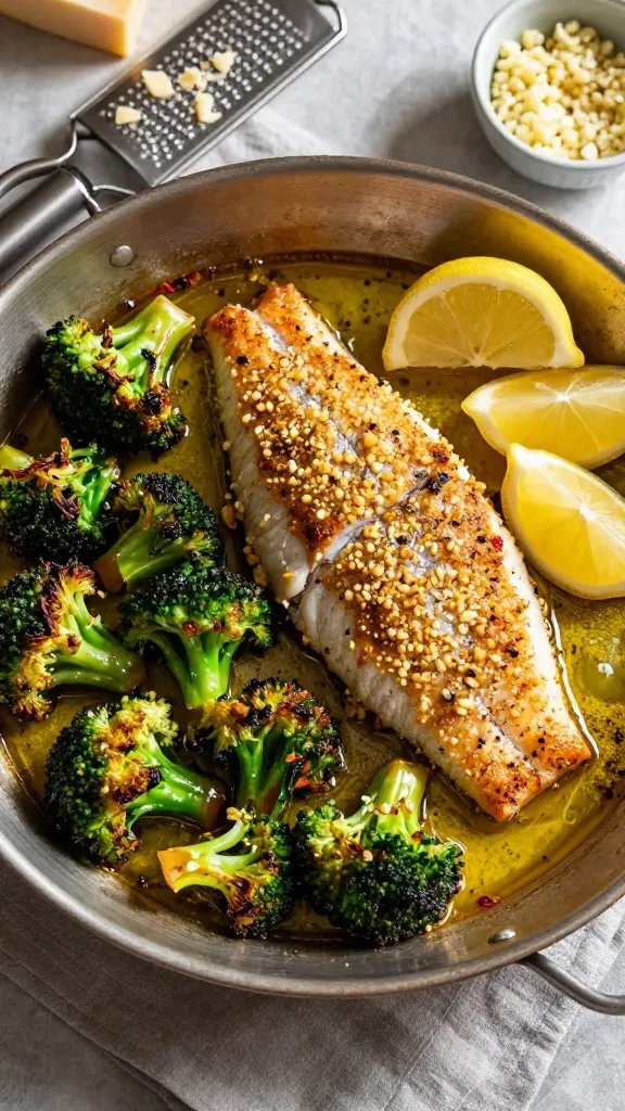 Overhead shot of a rustic kitchen scene with a freshly baked sheet pan dinner: golden-brown tilapia fillets topped with a visible garlic-parmesan crust, nestled beside caramelized roasted broccoli florets with crispy edges. A light gloss of olive butter is melting on the fish, small flecks of black pepper and red pepper flakes visible. Include a lemon cut into wedges on the side of the pan, a microplane with parmesan shavings nearby, and a small bowl of minced garlic. Warm, natural window light, shallow shadows, no text.