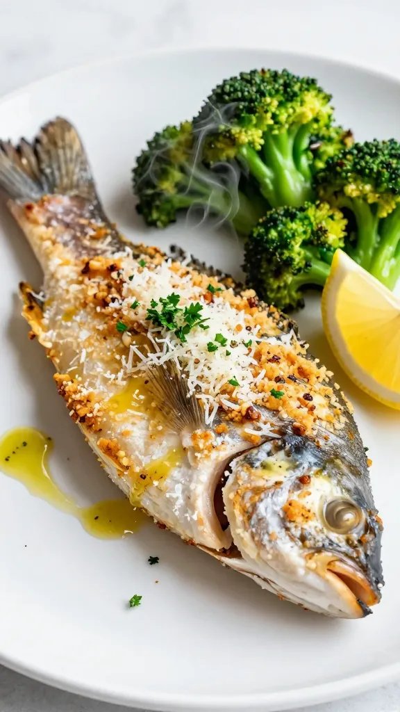 Close-up, three-quarter angle of a single tilapia fillet on a white ceramic plate with a heap of roasted broccoli. The tilapia has crunchy parmesan breadcrumbs and grated parmesan melted into a golden crust with tiny browned garlic bits. A drizzle of olive butter glistens, a sprinkle of chopped parsley on top, and a squeeze mark from a lemon wedge off to the side. Soft, bright lighting, clean background, emphasize texture and steam.