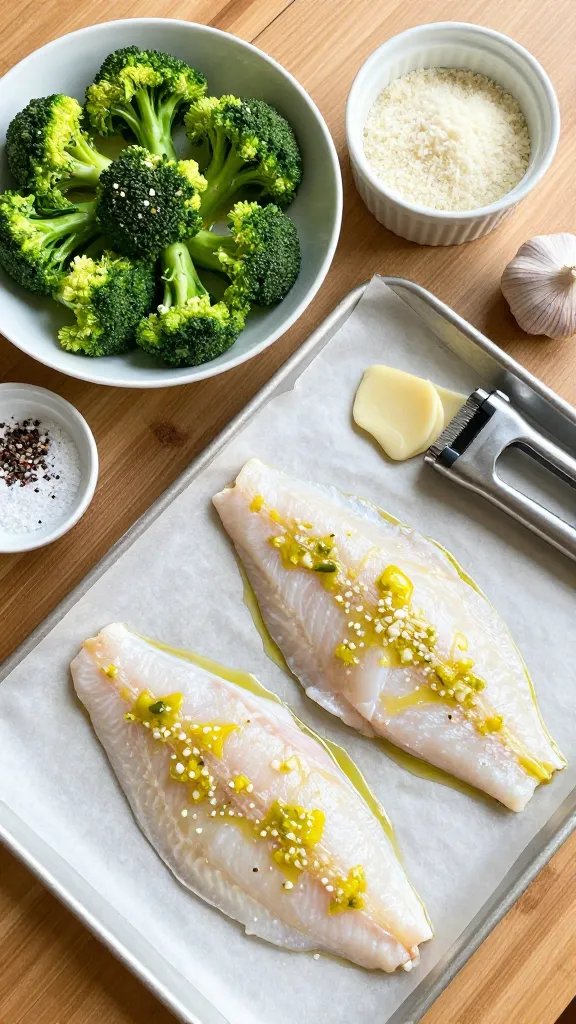 Step-by-step prep scene on a wooden countertop: raw tilapia fillets brushed with an olive-butter-garlic mixture on parchment-lined sheet pan, next to a bowl of fresh broccoli tossed with olive oil, salt, and pepper. A ramekin of grated parmesan ready to sprinkle, a garlic press with a smear of garlic, and a small dish of kosher salt and cracked pepper. Natural morning light, overhead composition, vibrant greens and clean mise en place, no text.