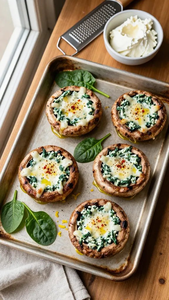 Overhead shot of a rustic baking tray with four large portobello mushroom caps stuffed with a creamy spinach-ricotta mixture, tops lightly browned and bubbling with melted mozzarella and parmesan, a sprinkle of red pepper flakes and cracked black pepper, edges of mushrooms glossy with olive oil, scattered fresh spinach leaves and lemon zest around the tray, on a warm wooden table with a folded linen napkin and a small bowl of ricotta and a microplane grater nearby, natural window light from the left, no text.