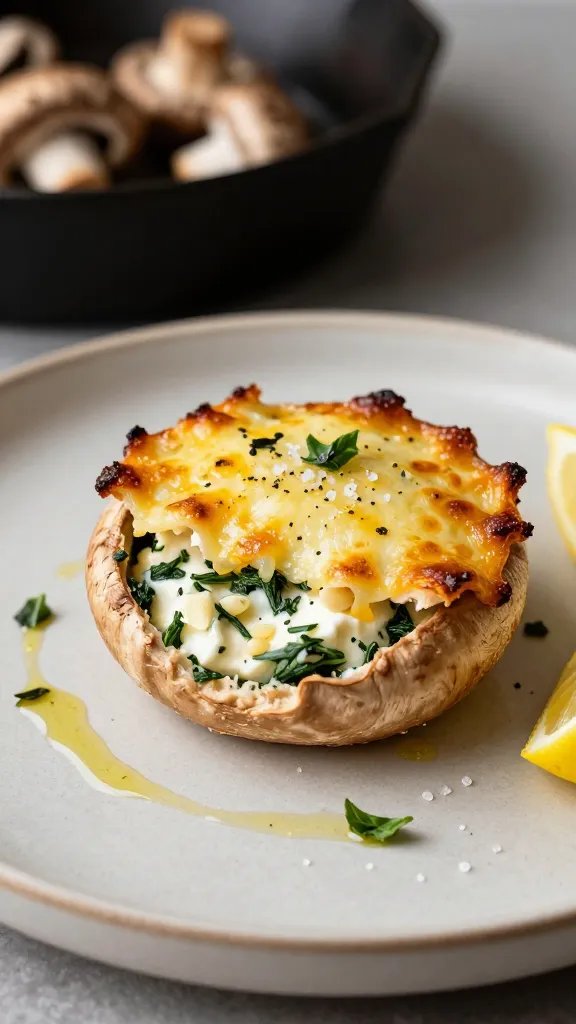 Close-up, three-quarter angle of a single stuffed portobello on a matte ceramic plate, cut open to reveal the silky ricotta-spinach filling with visible garlic and herbs, golden cheesy crust on top with crisp edges, a drizzle of olive oil and a squeeze of lemon visible on the plate, garnished with torn basil and flaky sea salt, soft depth of field with a cast-iron skillet and remaining mushrooms blurred in the background, cozy evening kitchen lighting, no text.