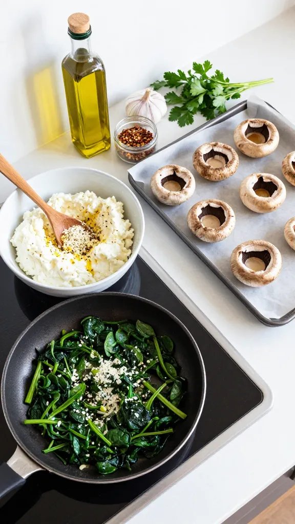 Process scene: stovetop shot showing a skillet of wilted garlicky spinach next to a bowl of ricotta mixture (ricotta, grated parmesan, black pepper, lemon zest) with a wooden spoon, and cleaned portobello caps gill-side up on a parchment-lined sheet pan ready to be filled; ingredients neatly arranged—olive oil bottle, minced garlic, red pepper flakes, and fresh parsley—clean, bright daylight, minimalist countertop, no text.