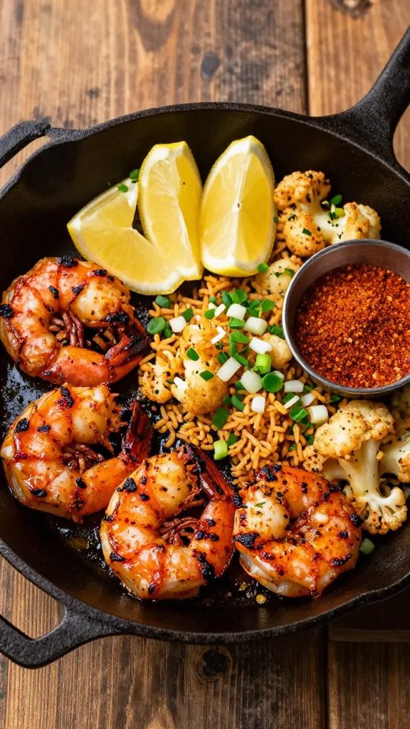 Overhead shot of a hot cast-iron skillet on a rustic wood table: plump shrimp seared with a deep Cajun crust (paprika-red with charred edges) glistening in melted butter, nestled beside golden, fluffy cauliflower rice studded with finely diced onions, garlic, and parsley. Add lemon wedges, a small bowl of Cajun seasoning, and a sprinkle of chopped green onion on top. Warm, directional light from the left, shallow depth of field, no text.