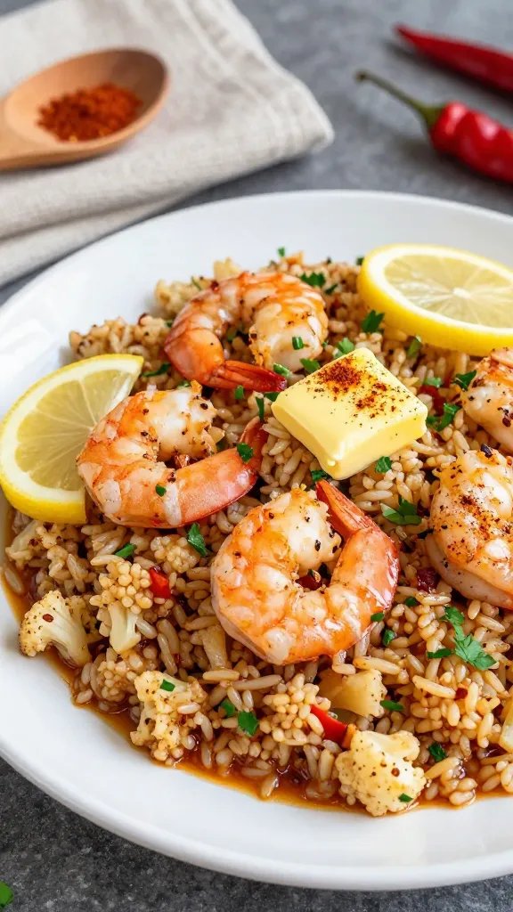 Close-up, three-quarter angle of a plated dish: a generous mound of herbed cauliflower rice soaked with spicy pan juices, topped with juicy Cajun shrimp, thin lemon slices, and a pat of butter melting into the shrimp. Garnish with chopped parsley and a dusting of smoked paprika. Background elements include a linen napkin, a wooden spoon with paprika residue, and a blurred chili pepper. Natural daylight, high contrast, no text.