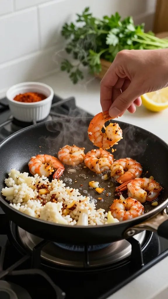 Action shot at the stovetop: a hand tossing shrimp in a sizzling black skillet, visible steam and tiny butter bubbles; shrimp coated in Cajun spices, garlic and onion pieces caramelizing, with a section of the pan filled with cauliflower rice picking up browned bits. Include a small ramekin of cayenne and paprika nearby, lemon halves, and a bunch of fresh parsley on the counter. Moody kitchen lighting, crisp detail, no text.