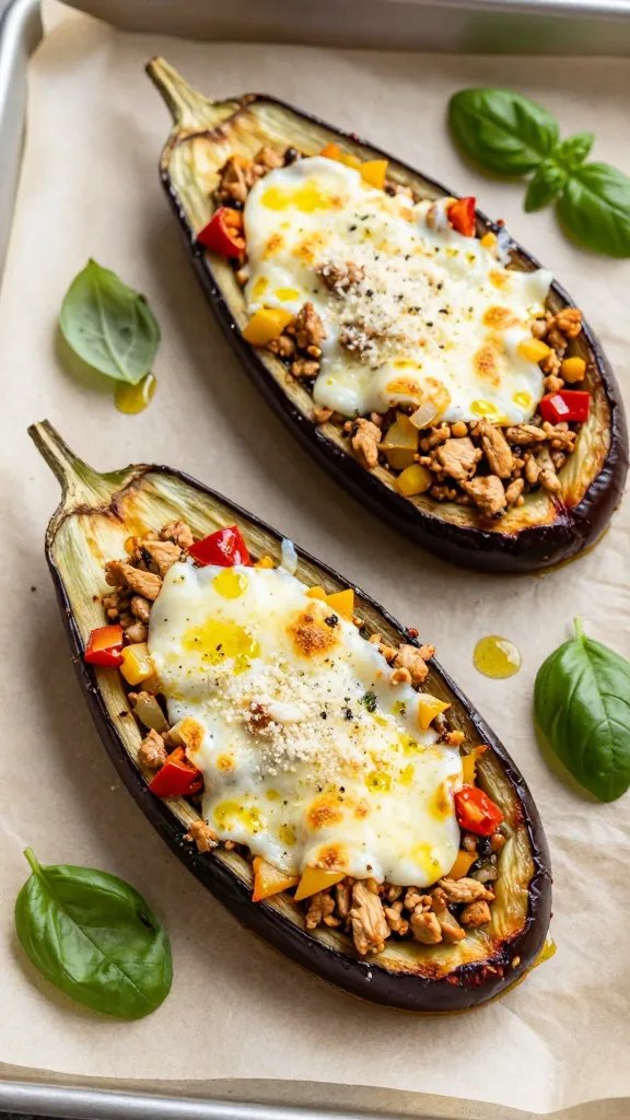 Overhead shot of two roasted eggplant halves on a parchment-lined sheet pan, scooped into “boats” and filled with a garlicky ground chicken mixture studded with diced yellow onion and red bell pepper, topped with melted, golden-bubbly mozzarella and a light dusting of grated Parmesan. Edges of the eggplant are crispy and caramelized, the filling looks juicy with visible herbs, and there’s a drizzle of olive oil and a few fresh basil leaves scattered around. Warm, natural kitchen lighting, shallow depth of field, no text.