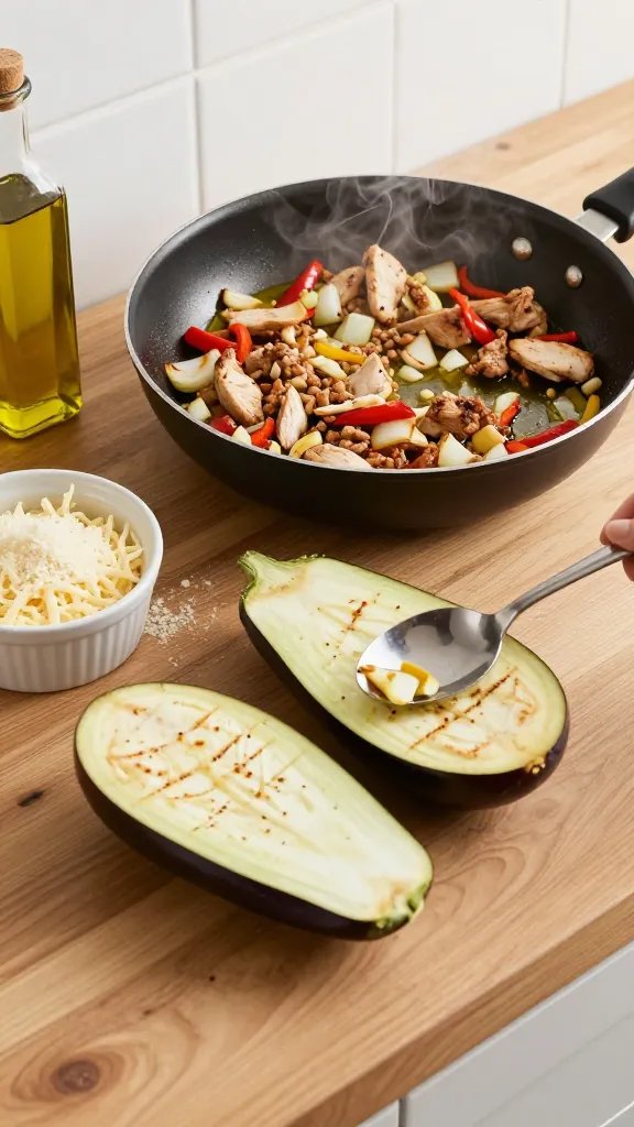 Process scene on a rustic wooden countertop: halved raw eggplants being scored and scooped with a spoon, a skillet nearby with sizzling ground chicken, diced onion, and red bell pepper glistening in olive oil and garlic. A small bowl of shredded cheese and a ramekin of grated Parmesan sit to the side, plus a drizzle bottle of olive oil. Steam rising subtly from the pan, bright but cozy lighting, clean minimal props, no text.