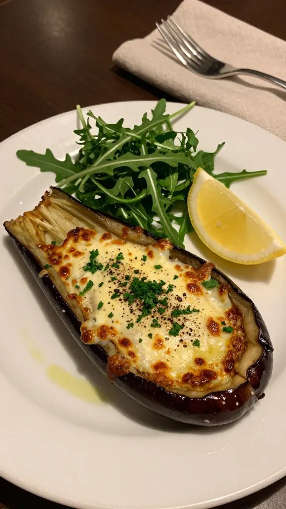 Plated weeknight dinner: a single stuffed eggplant boat on a simple white ceramic plate, cheese browned and bubbling, sprinkled with chopped fresh parsley and cracked black pepper. A small side salad of arugula with a lemon wedge sits beside it, and a light sheen of olive oil on the plate. Background shows a casual table setting with a fork and a linen napkin, soft evening light, appetizing close-up focus on texture, no text.