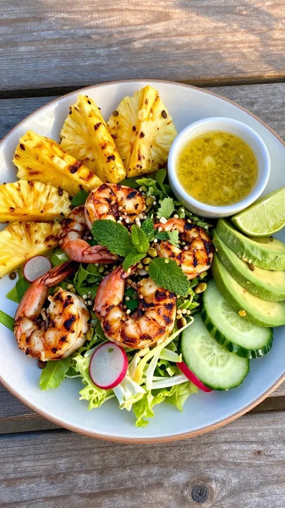 Overhead shot of a vibrant grilled shrimp and pineapple salad on a wide, shallow ceramic platter: charred jumbo shrimp with light grill marks, caramelized pineapple rings cut into wedges, mixed crunchy greens (romaine, shredded cabbage), thin-sliced cucumber and radish, avocado slices, torn cilantro and mint, toasted pepitas scattered on top. A small ramekin of bright lime vinaigrette with visible lime zest sits to the side, lime wedges nearby. Warm early-evening natural light, outdoor picnic table with a subtle tropical vibe, no text.