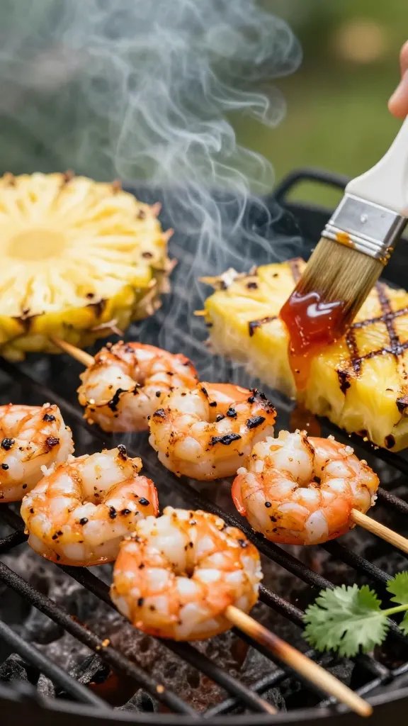 Close-up of shrimp and pineapple on a hot grill: skewers of plump shrimp lightly charred at the edges, pineapple spears with deep caramelized grill marks, a basting brush glistening with chili-lime dressing in the corner. Soft curls of grill smoke, a blurred background hinting at a sunny backyard. Colors pop—golden pineapple, pink-orange shrimp, a few sprigs of fresh cilantro on the side of the grill grate, no text.