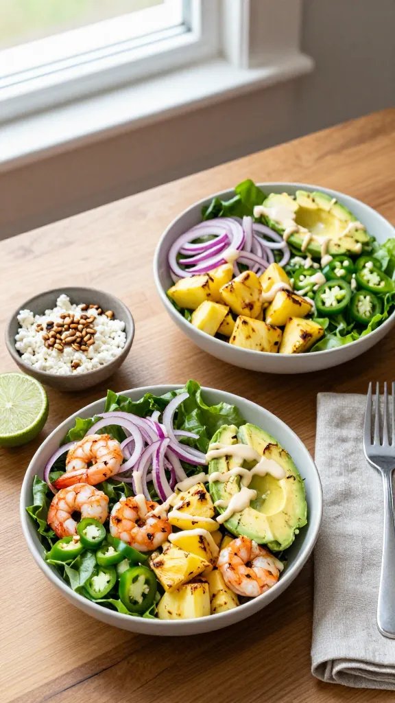 Casual weeknight serving scene: two composed salad bowls on a wood table—each with mixed greens, grilled shrimp, grilled pineapple chunks, thin red onion, diced jalapeño, avocado, and a drizzle of lime dressing. A small bowl of crumbled cotija and a dish of toasted pepitas for topping, halved limes, and a folded linen napkin. Clean, bright window light, slightly overhead angle for texture and freshness, no text.