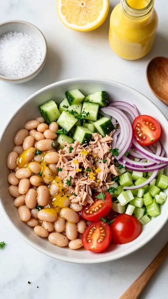 Overhead shot of a vibrant tuna and white bean salad in a wide, shallow ceramic bowl on a light marble surface. Flaked tuna, creamy cannellini beans, diced crunchy cucumber, halved cherry tomatoes, thinly sliced red onion, chopped celery, and torn flat-leaf parsley are gently tossed. A glossy lemon-Dijon vinaigrette visibly coats the ingredients, with lemon zest specks and cracked black pepper. Garnish with capers and a drizzle of extra-virgin olive oil. Surrounding props: a small bowl of sea salt, a cut lemon, a jar of Dijon mustard, and a wooden serving spoon. Natural window light, soft shadows, fresh and clean styling.