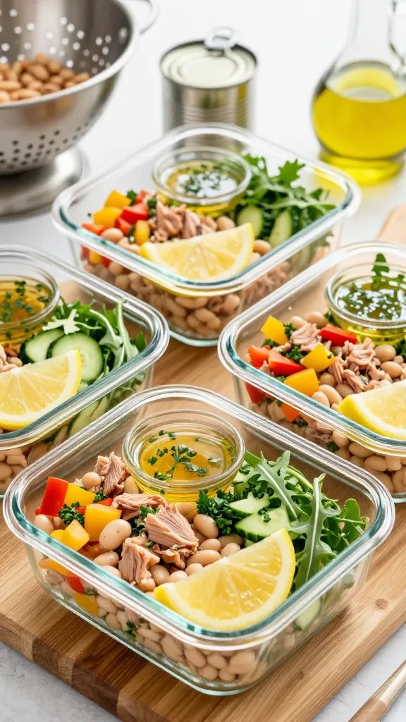 Close-up, 45-degree angle of meal-prep containers filled with tuna and white bean protein salad for the week. Four rectangular glass containers arranged on a wooden board, each packed with flaked tuna, white beans, chopped bell pepper (red and yellow), cucumber, parsley, and arugula. A small well of vinaigrette glistens on top with visible herbs. Include a sliced lemon wedge in each container. Background elements: an open can of tuna, a colander with rinsed cannellini beans, and a carafe of olive oil. Bright, airy kitchen setting emphasizing freshness and convenience.