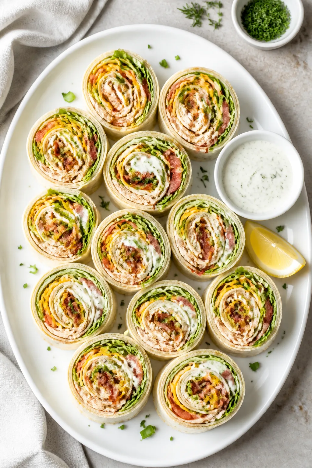 5 inch pinwheels, arranged cut-side up on a matte white platter; visible spirals of shredded chicken