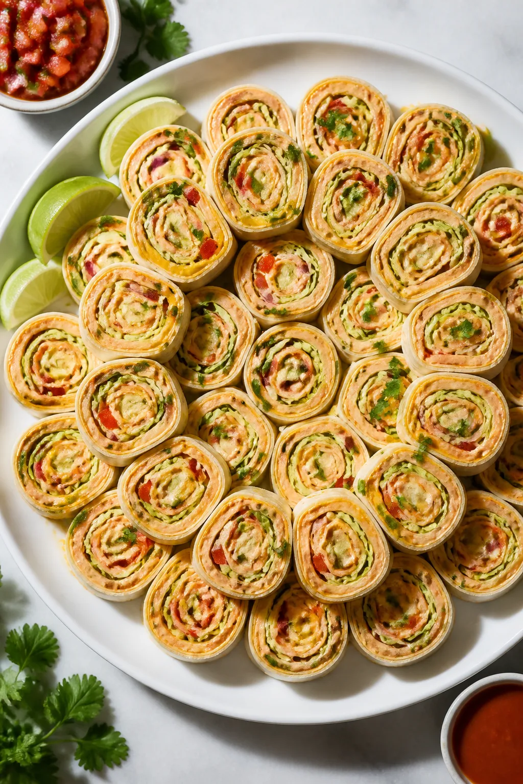 5 inch rounds and arranged in tight concentric circles on a large white platter. Visible spirals sho