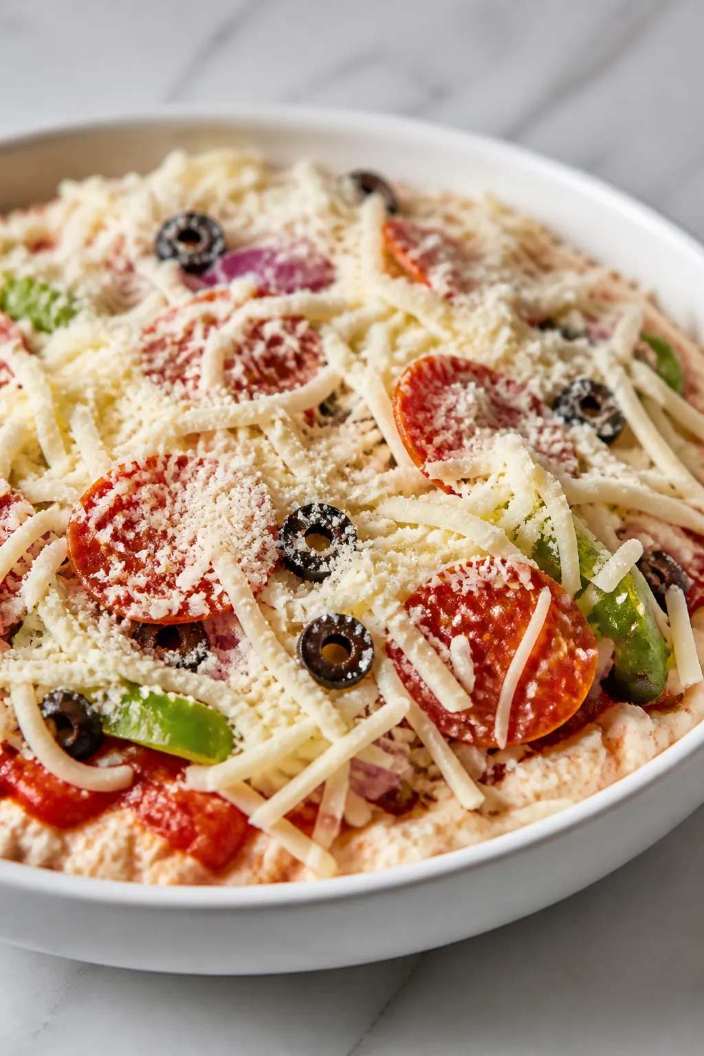 Close-up cooking process detail: a microwave-safe shallow bowl of the assembled pizza bowl right bef