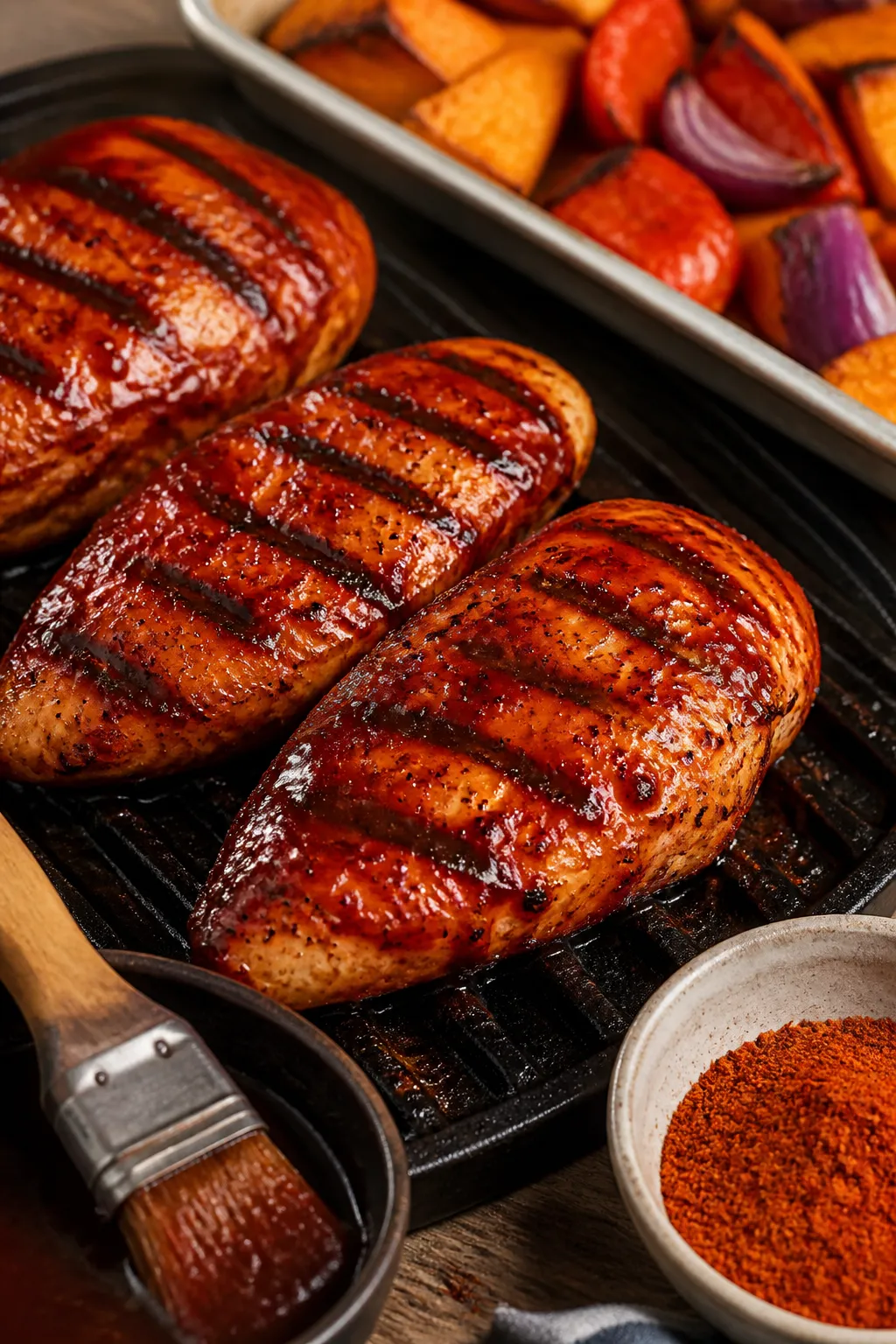 Close-up cooking process detail: chicken breasts on a grill just before slicing, lacquered with redu
