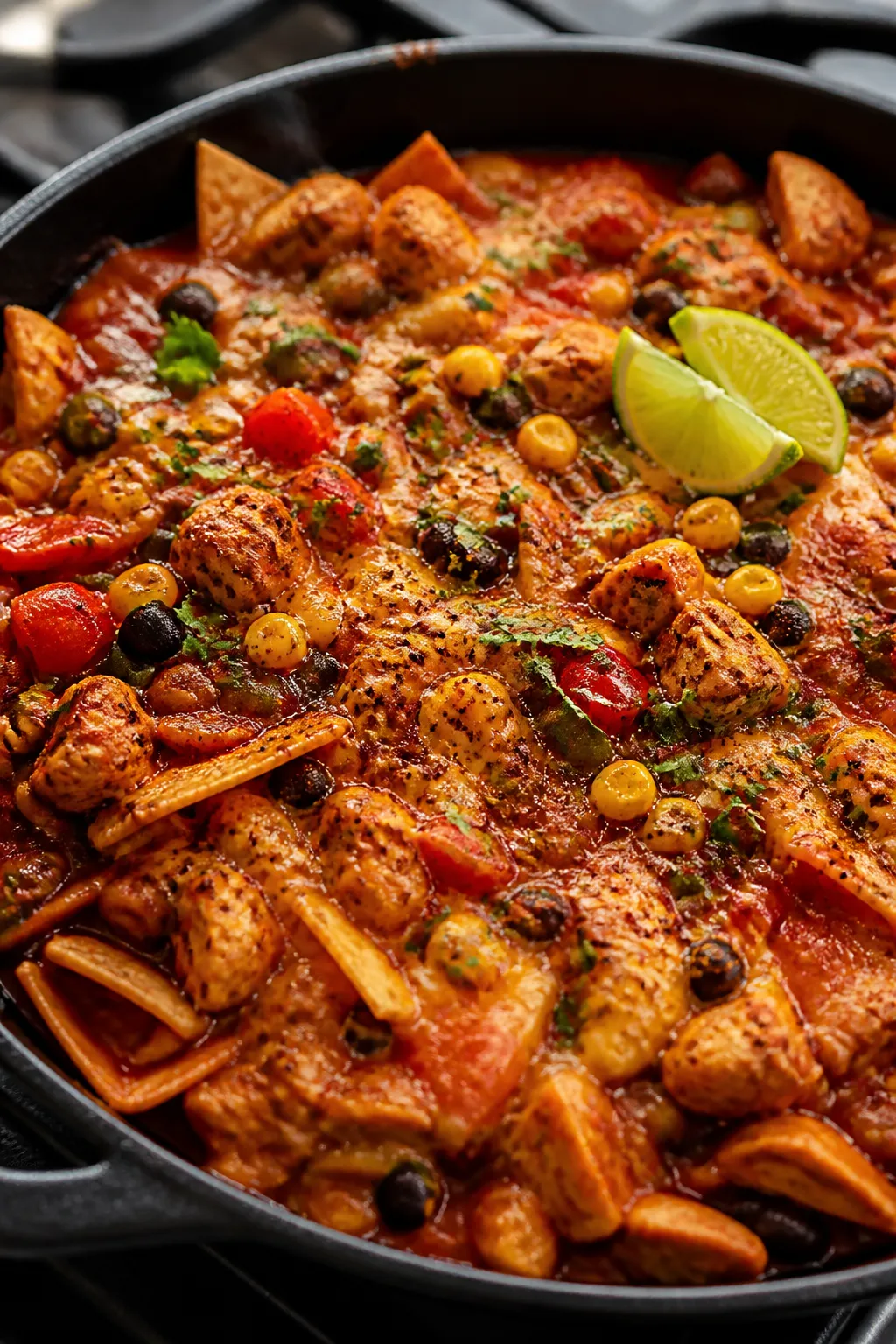 Close-up cooking process: Lean chicken enchilada skillet mid-simmer in a large black cast-iron pan, 