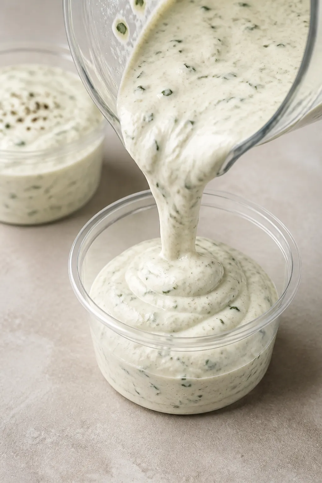 Close-up detail: A creamy, whipped cottage cheese ranch dip being poured from a blender jar into a s