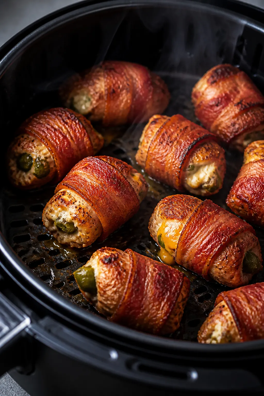 Close-up detail and cooking process: Bacon-wrapped jalapeño popper chicken bites sizzling in an air