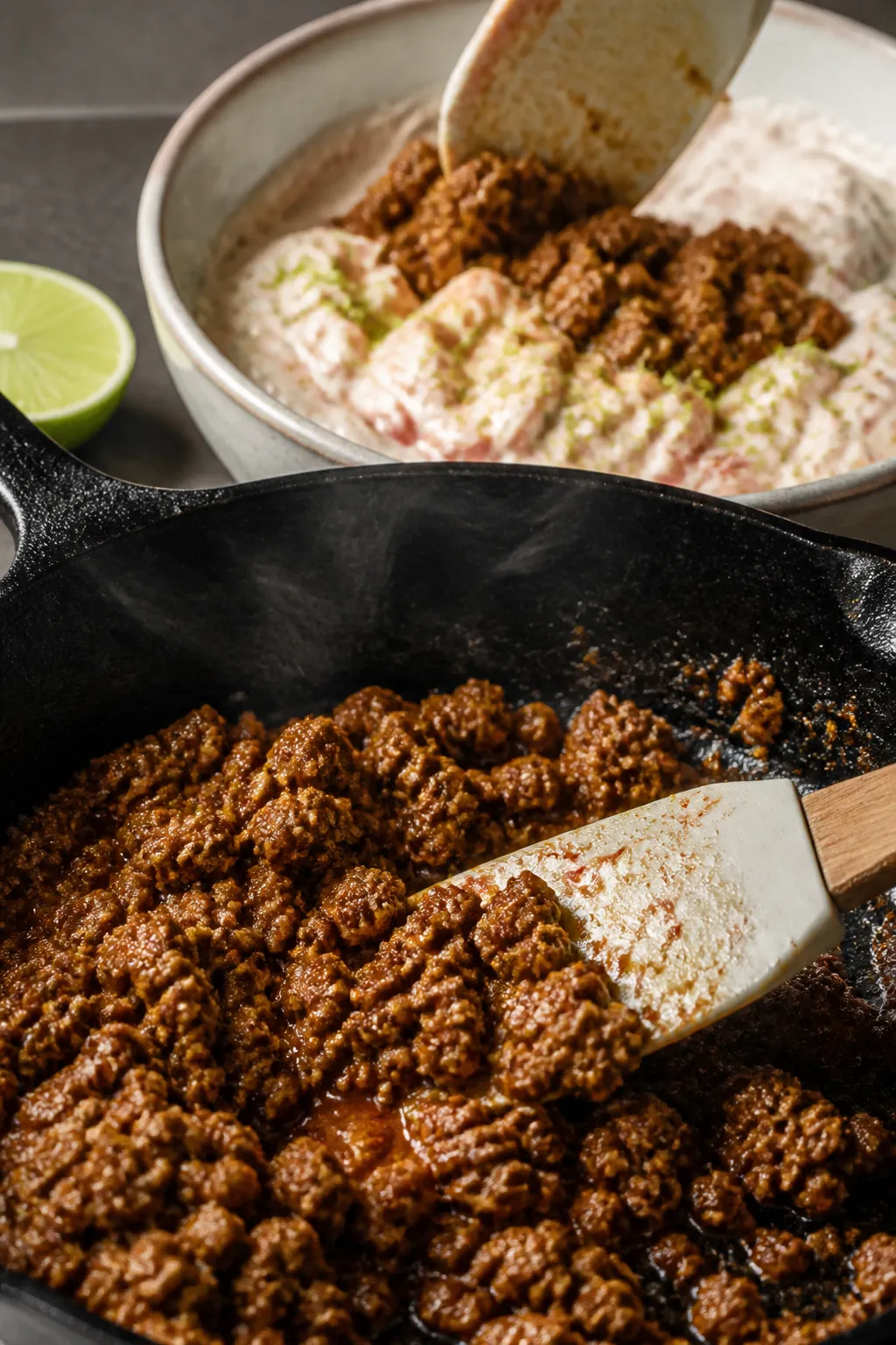 Close-up detail and cooking process: Lean ground turkey taco filling sizzling in a cast-iron skillet