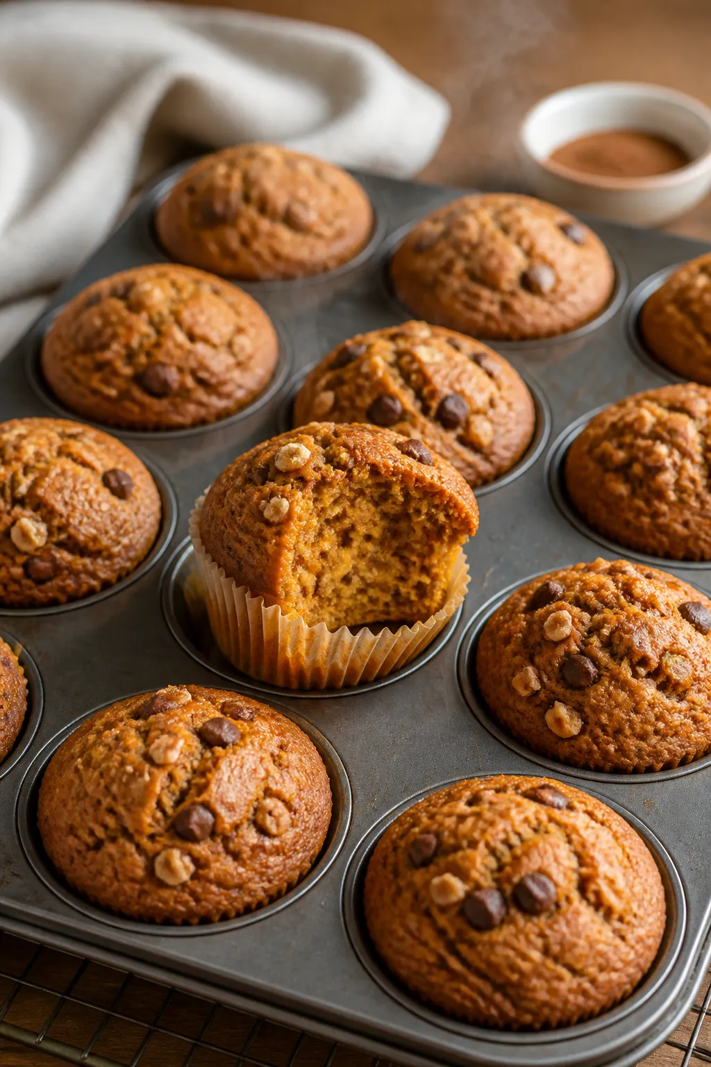 Close-up detail and process: A 12-cup muffin tin just out of the oven with bakery-style domed pumpki