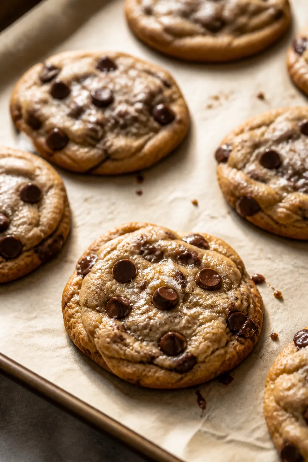 Close-up detail and process: A parchment-lined baking sheet just out of the oven with freshly baked 