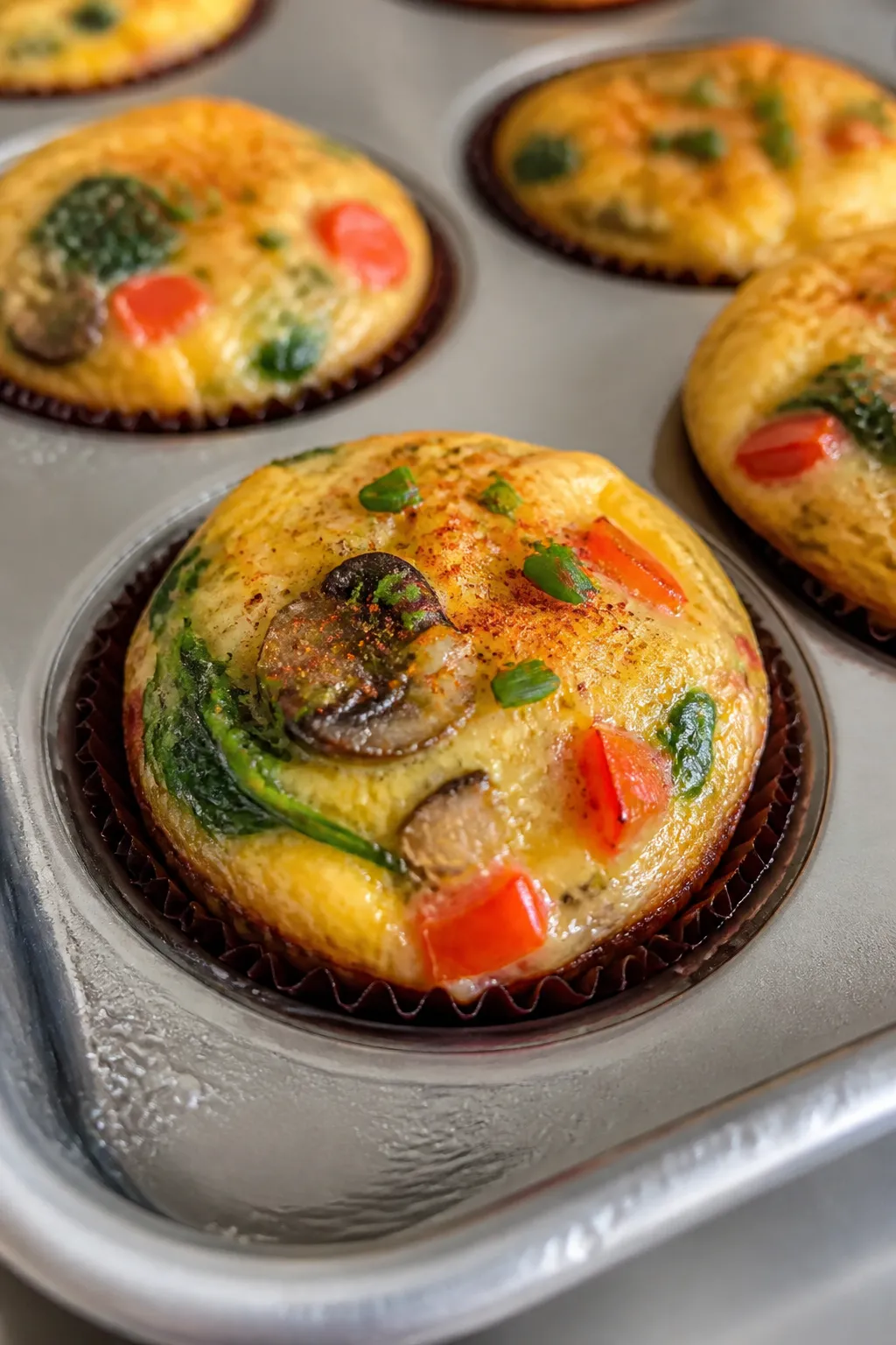 Close-up detail and process: Muffin-tin cottage cheese egg bites just out of the oven at 325°F, edg