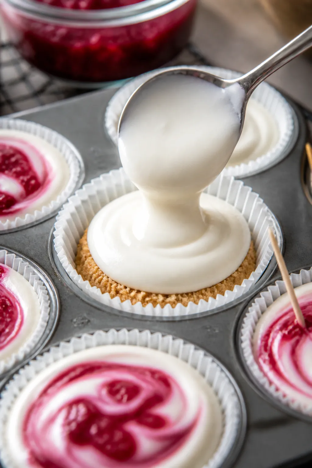 Close-up detail, assembly process: Cottage Cheese Raspberry Cheesecake Cups being assembled in a lin