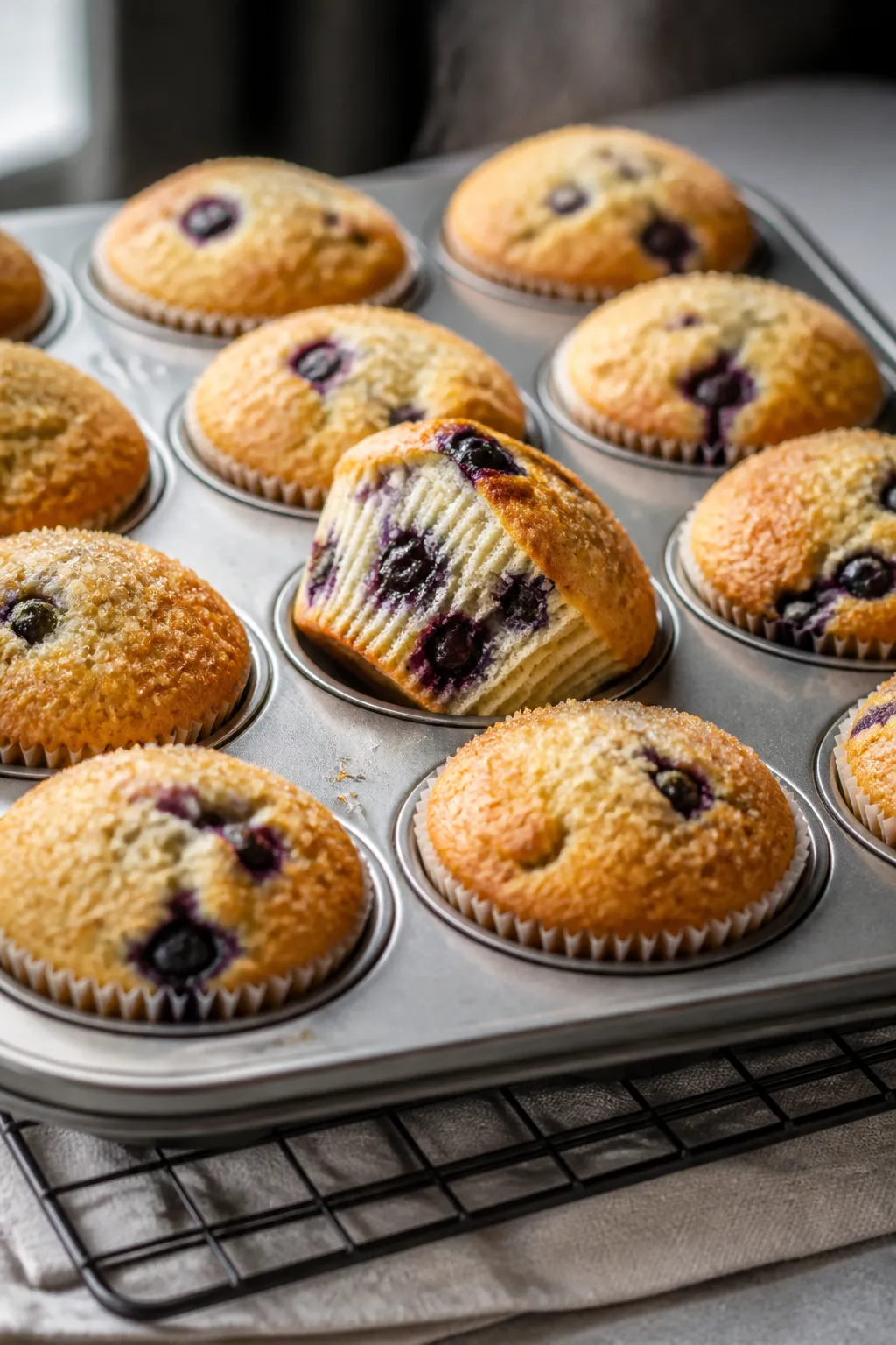 Close-up detail, cooking process: A 12-cup muffin tin just pulled from a 350°F oven on a center rac