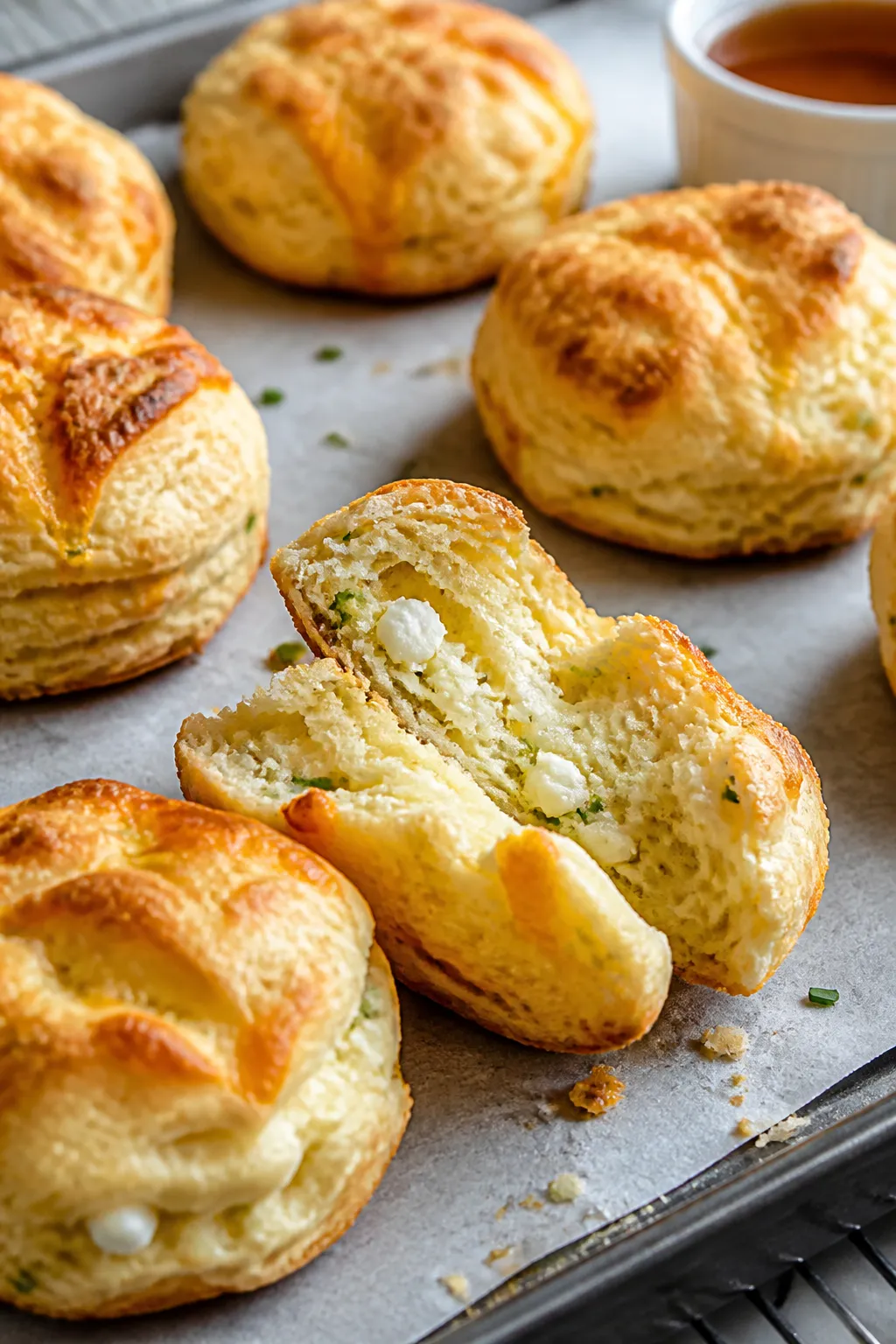 Close-up detail, cooking process: A tray of just-baked Cottage Cheese Cheddar Biscuits on parchment,