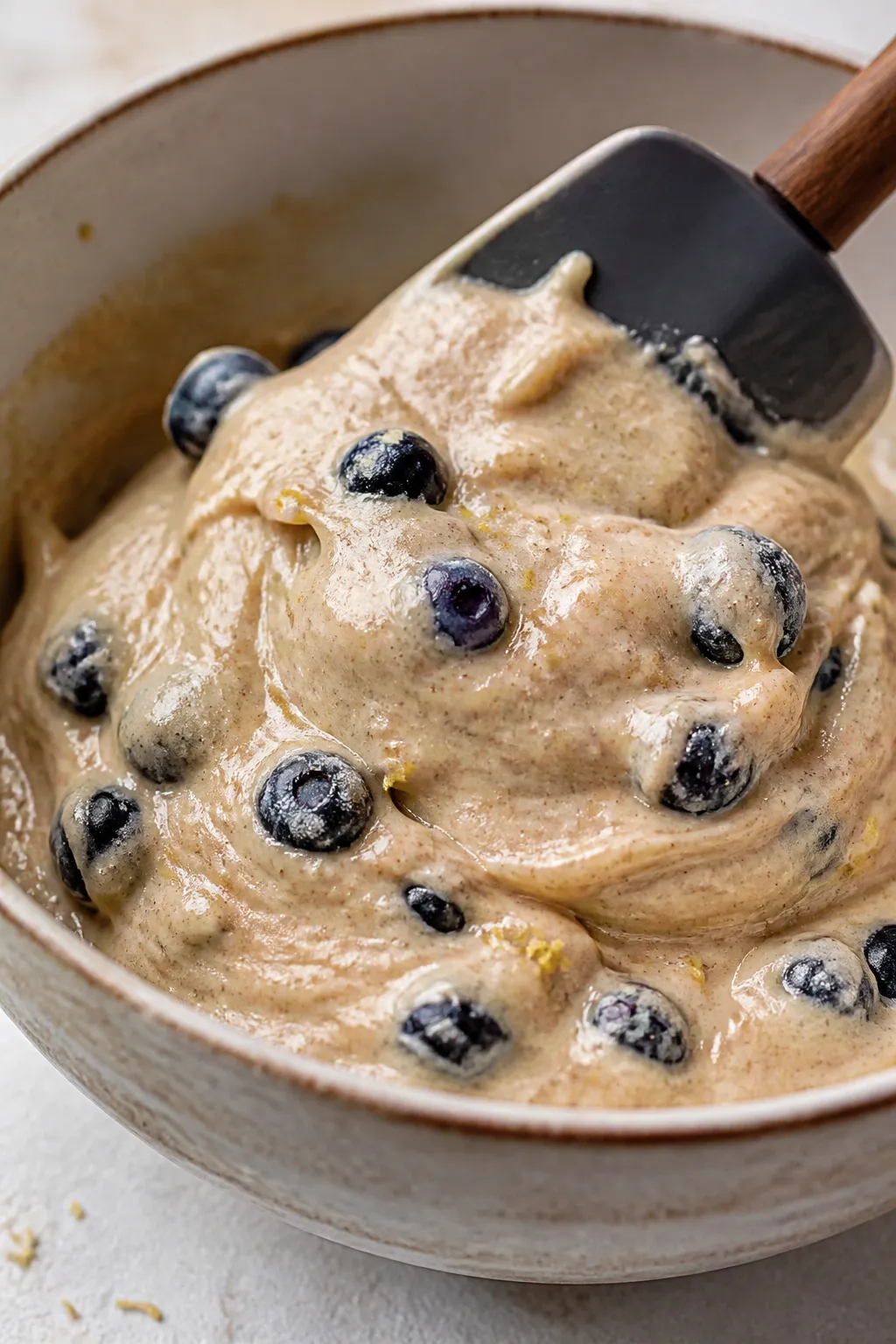 Close-up detail, cooking process: Cottage cheese protein muffin batter being folded with blueberries