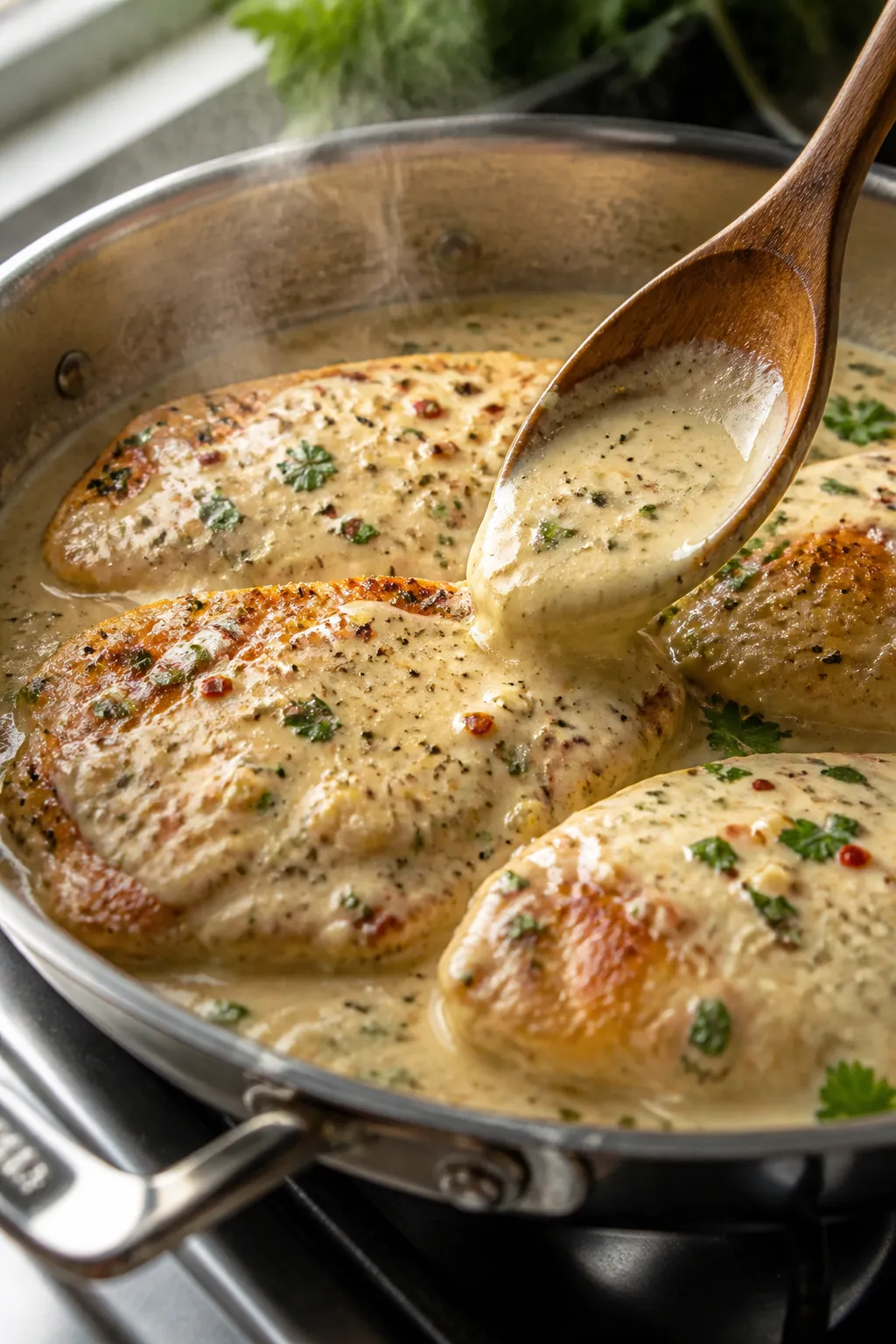 Close-up detail, cooking process: Golden-seared chicken cutlets simmering in a silky cottage cheese