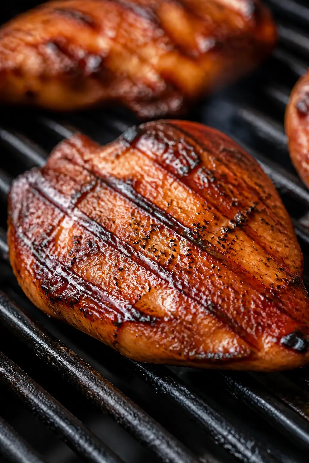 Close-up detail, cooking process: Juicy BBQ-glazed chicken breasts sizzling on a grill, captured mid