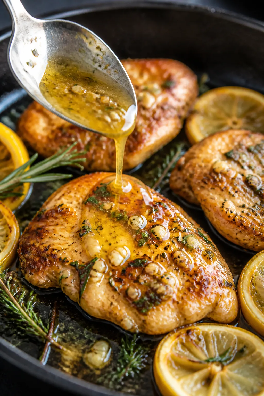 Close-up detail, cooking process: Pan-seared lemon herb chicken cutlets sizzling in a cast-iron skil