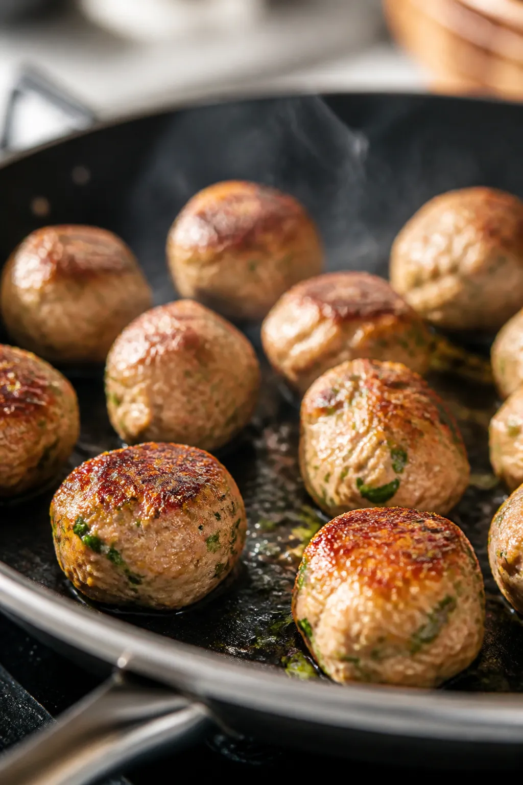 Close-up detail, cooking process: Searing low-fat turkey meatballs in a large nonstick skillet over 