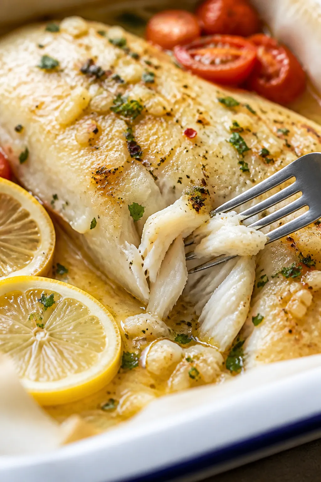 Close-up detail: Flaky baked lemon-garlic cod just out of the oven, highlighting moist, pearly-white