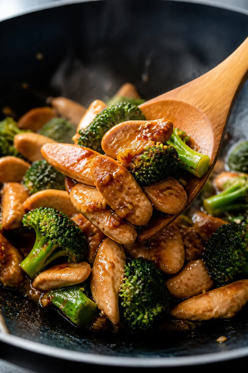Close-up detail: Glossy chicken and broccoli stir fry sizzling in a wok during the “combine and sa
