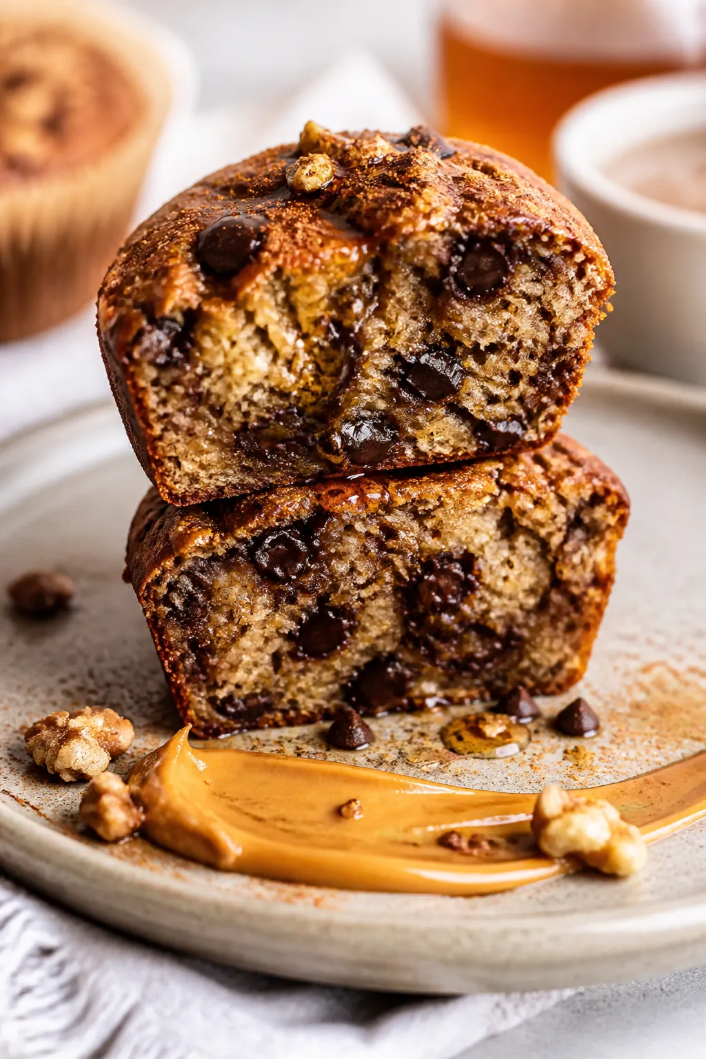 Close-up detail of a plated muffin sliced in half and stacked, showing ultra-moist banana crumb with