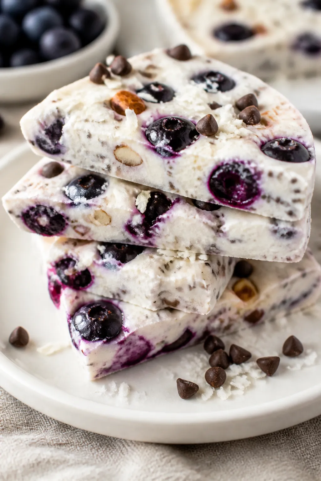 Close-up detail of a plated serving of Blueberry Greek Yogurt Bark stacked in offset layers on a mat