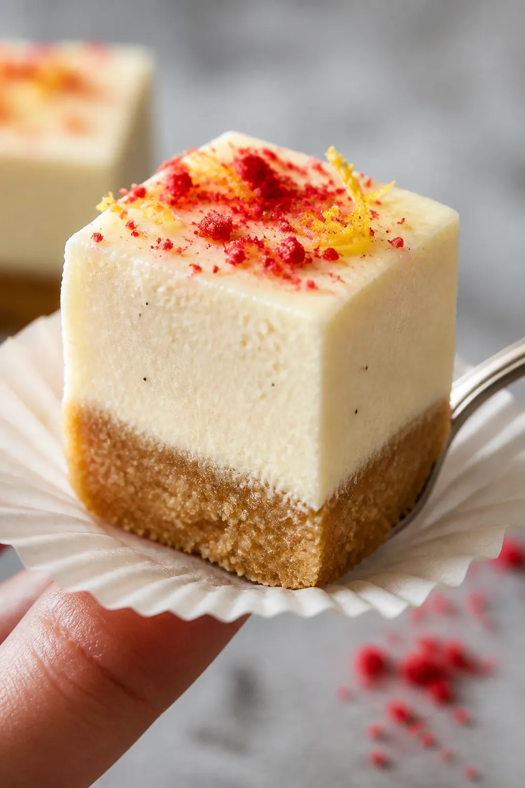 Close-up detail of a single cheesecake bite being lifted from a paper liner to showcase the clean la