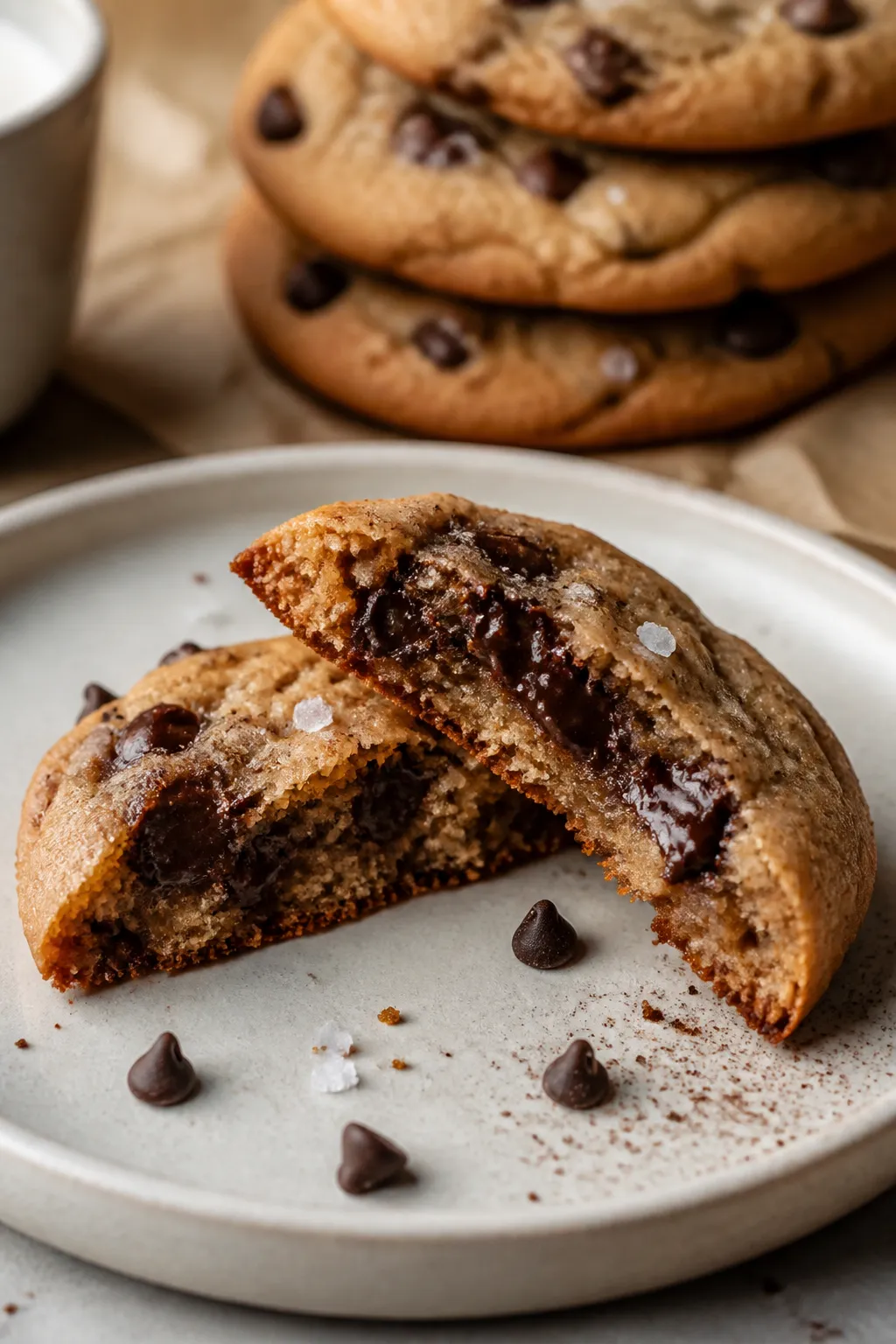 Close-up detail of a single cookie broken in half on a matte ceramic plate, showing the soft, chewy 