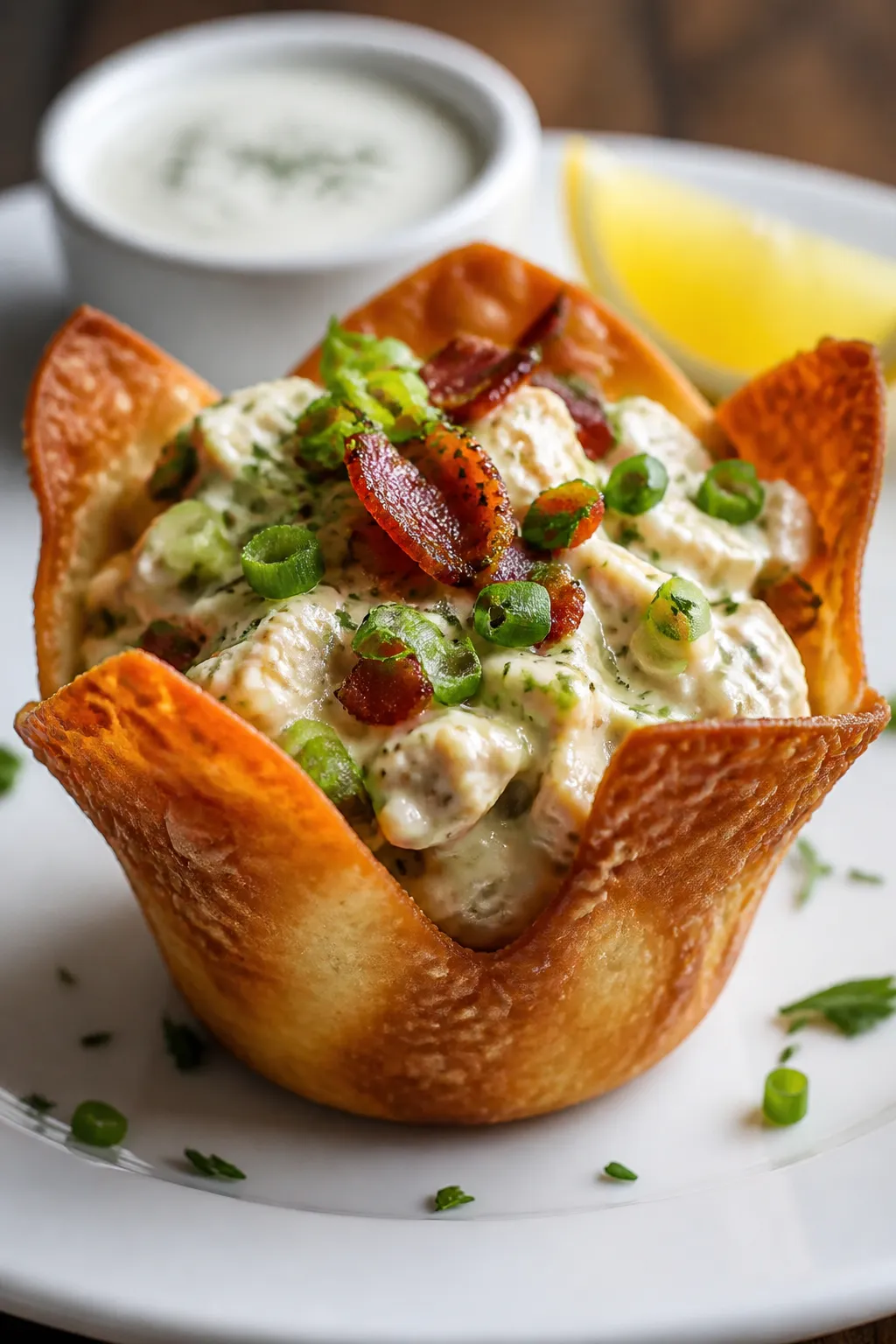Close-up, detail of a single plated Chicken Bacon Ranch Snack Cup on a matte white appetizer plate, 