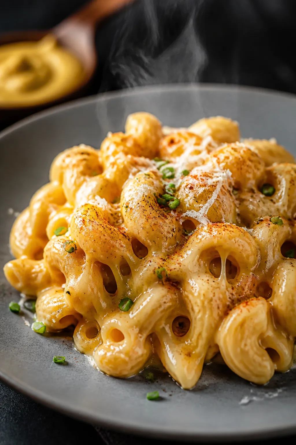 Close-up detail of a single plated serving of the mac and cheese scooped onto a matte stoneware plat
