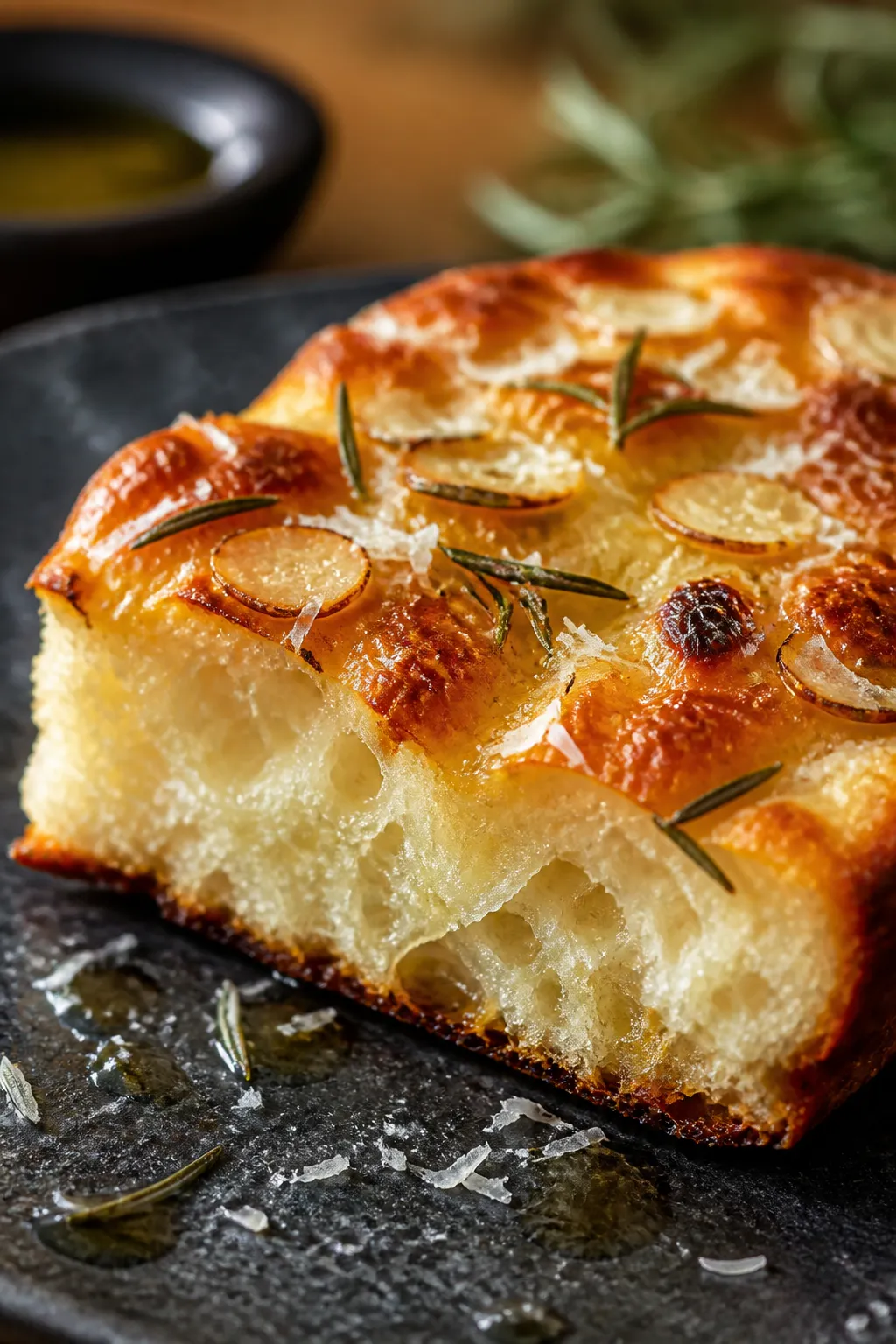 Close-up detail of a sliced square of Cottage Cheese Focaccia on a dark stone plate: ultra-soft, cus